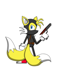 Size: 663x846 | Tagged: safe, artist:cherryblossom490, miles "tails" prower, belt, bodysuit, gun, holding something, looking back, simple background, solo, standing, transparent background
