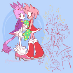 Size: 540x540 | Tagged: safe, artist:pollymountain, amy rose, blaze the cat, cat, hedgehog, 2017, amy x blaze, amy's halterneck dress, blaze's tailcoat, cute, female, females only, flame, heart, holding hands, kiss, lesbian, shipping