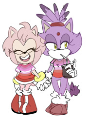 Size: 540x747 | Tagged: safe, artist:korbydaze, amy rose, blaze the cat, cat, hedgehog, 2017, amy x blaze, cute, drinking, eyes closed, female, females only, holding hands, lesbian, lesbian pride, mouth open, pride, shipping