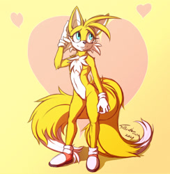 Size: 1247x1280 | Tagged: safe, artist:fol, miles "tails" prower, 2020, abstract background, gender swap, heart, looking up, signature, smile, solo, standing