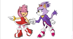 Size: 1377x736 | Tagged: safe, artist:mistygryphon, amy rose, blaze the cat, cat, hedgehog, 2023, amy x blaze, amy's halterneck dress, blaze's tailcoat, eyes closed, female, females only, holding hands, lesbian, looking at them, mouth open, pointing, shipping