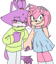 Size: 540x616 | Tagged: safe, artist:alittlebitfast, amy rose, blaze the cat, cat, hedgehog, 2016, amy x blaze, blushing, cute, female, females only, holding hands, lesbian, looking at viewer, shipping