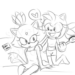 Size: 700x700 | Tagged: safe, artist:silvermun, amy rose, blaze the cat, cat, hedgehog, 2016, amy x blaze, brushie, cute, female, females only, heart, lesbian, shipping, sketch, watermark
