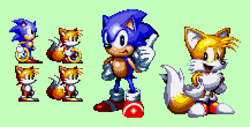 Size: 868x440 | Tagged: safe, artist:coolestfuckeraround, miles "tails" prower, sonic the hedgehog, knuckles chaotix, 2021, classic sonic, classic tails, duo, green background, pixel art, ring, simple background, smile, sprite, standing, style emulation