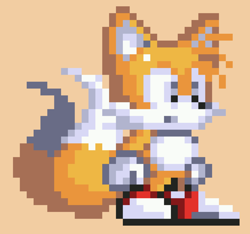 Size: 1700x1594 | Tagged: safe, artist:liamtheyoshi, miles "tails" prower, :o, classic tails, looking ahead, mouth open, orange background, pixel art, simple background, solo, sonic the hedgehog 3, sprite, standing