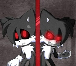 Size: 720x628 | Tagged: artist needed, source needed, safe, miles "tails" prower, oc, oc:tails.exe, abstract background, black sclera, duality, glowing eyes, looking at viewer, red eyes, solo, standing, two tails