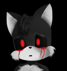Size: 711x755 | Tagged: safe, artist:discordedstormtwirl, miles "tails" prower, oc, oc:tails.exe, 2015, black background, black sclera, bleeding, bleeding from eyes, blood, lineless, mouth open, sad, simple background, solo