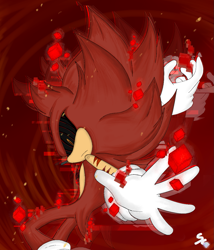 Size: 947x1105 | Tagged: safe, artist:stevenloquenarte, sonic the hedgehog, oc, oc:ruby sonic, sonic forces, 2022, abstract background, alternate super form, alternate universe, black sclera, cube, evil, evil sonic, frown, glitch, looking back at viewer, scar, signature, solo, super form