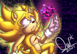 Size: 1280x894 | Tagged: safe, artist:phantomchips, sonic the hedgehog, super sonic, sonic forces, 2021, abstract background, bleeding, bleeding from mouth, blood, crying, ear fluff, glitch, injured, looking at something, phantom ruby, shrunken pupils, signature, solo, super form, wound