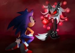 Size: 1024x720 | Tagged: safe, artist:miawyumii, infinite the jackal, sonic the hedgehog, sonic forces, 2020, cube, duo, energy ball, fight, injured, looking at each other, standing