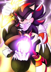 Size: 4092x5787 | Tagged: safe, artist:anettruby, miles "tails" prower, shadow the hedgehog, fanfic:dark tails unleashed, 2018, abstract background, dark form, dark tails, duo, energy ball, fanfiction art, fight, frown, holding something, lightning, looking at them, signature, sonic boom (tv)
