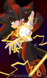 Size: 1440x2348 | Tagged: safe, artist:thereveries, shadow the hedgehog, 2020, electricity, floppy ear, frown, gradient background, lidded eyes, looking at viewer, signature, solo