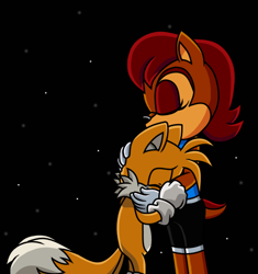 Size: 518x552 | Tagged: safe, artist:soneamlover, miles "tails" prower, sally acorn, 2022, abstract background, comforting, crying, duo, eyes closed, hugging, redraw, sad, sonic x, standing, star (sky), tears, tears of sadness