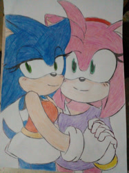 Size: 1280x1707 | Tagged: safe, artist:rose-factor, amy rose, sonic the hedgehog, 2022, alternate outfit, amy x sonic, blushing, clothes, duo, gender swap, half r63 shipping, holding hands, lesbian, lidded eyes, looking at viewer, shipping, smile, standing, traditional media
