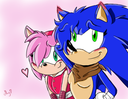Size: 900x700 | Tagged: safe, artist:soggycereal, amy rose, sonic the hedgehog, 2015, amy x sonic, blushing, blushing ears, breasts, duo, gender swap, hair over one eye, half r63 shipping, heart, lesbian, looking at them, looking offscreen, shipping, signature, smile, sonic boom (tv), standing
