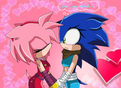 Size: 667x486 | Tagged: safe, artist:mimizazule06, amy rose, sonic the hedgehog, 2014, abstract background, amy x sonic, blushing, crop top, duo, floppy ears, frown, gender swap, half r63 shipping, heart, holding hands, lesbian, looking at them, shipping, shorts, sonic boom (tv), sonic x style, spanish text, standing, thought bubble