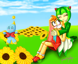 Size: 822x680 | Tagged: safe, artist:99laufer, cheese (chao), cosmo the seedrian, cream the rabbit, chao, 2013, abstract background, blushing, clouds, cosmeam, daytime, grass, hugging from behind, kneeling, lesbian, neutral chao, outdoors, shipping, signature, sitting, smile, sunflower, trio