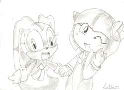 Size: 2339x1700 | Tagged: safe, artist:letbri, cosmo the seedrian, cream the rabbit, 2012, blushing, duo, holding hands, looking at viewer, pencilwork, shading practice, signature, smile, sonic x, standing, traditional media, wink