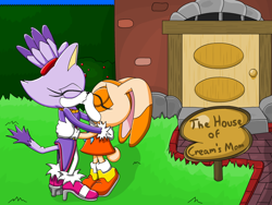 Size: 800x600 | Tagged: safe, artist:sonic-yuri, blaze the cat, cream the rabbit, 2010, abstract background, bleam, daytime, duo, eyes closed, holding something, house, kiss, lesbian, outdoors, shipping, sign, standing