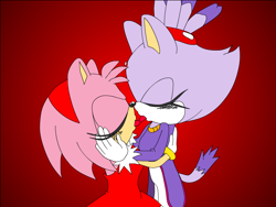 Size: 800x600 | Tagged: safe, artist:sonic-yuri, amy rose, blaze the cat, 2010, amy x blaze, blushing, eyes closed, french kiss, gradient background, holding each other, lesbian, shipping, solo, standing, tongue out
