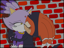 Size: 800x600 | Tagged: safe, artist:sonic-yuri, blaze the cat, shade the echidna, 2010, abstract background, blushing, brick wall, duo, eyes closed, flat colors, kiss, lesbian, lidded eyes, looking at them, outdoors, pinning them, shaze, shipping, standing