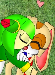Size: 936x1280 | Tagged: safe, artist:andyfreakinrulz, cosmo the seedrian, cream the rabbit, 2009, abstract background, cosmeam, duo, eyes closed, french kiss, grass, heart, holding each other, kiss, lesbian, lying down, lying on them, mouth open, outdoors, shipping, tongue out