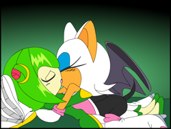 Size: 800x600 | Tagged: safe, artist:sonic-yuri, cosmo the seedrian, rouge the bat, 2010, bed, blushing, cosmouge, crack shipping, duo, eyes closed, flat colors, gradient background, kiss, lesbian, lying down, pillow