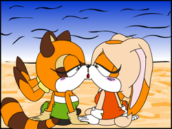 Size: 800x600 | Tagged: safe, artist:sonic-yuri, cream the rabbit, marine the raccoon, 2009, abstract background, duo, french kiss, kiss, lesbian, lidded eyes, looking at each other, maream, outdoors, shipping, sitting, tongue out