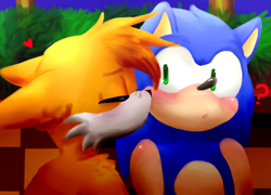 Size: 1190x856 | Tagged: safe, artist:uranusdesu, miles "tails" prower, sonic the hedgehog, green hill zone, 2022, abstract background, blushing, duo, eyes closed, floppy ears, gay, heart, kiss on cheek, lineless, looking at them, question mark, shipping, sonic x tails