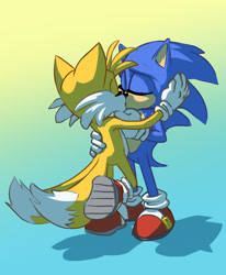 Size: 1184x1439 | Tagged: safe, artist:marshmellerditty, miles "tails" prower, sonic the hedgehog, duo, eyes closed, first kiss, gay, gradient background, holding each other, kiss, shipping, sonic x tails, standing, standing on one leg