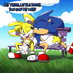 Size: 1280x1280 | Tagged: safe, artist:trevor-fox, miles "tails" prower, sonic the hedgehog, 2017, abstract background, bench, clouds, dialogue, english text, gay, grass, hands together, kiss on cheek, looking at each other, one eye closed, outdoors, shipping, sitting, smile, sonic x tails, speech bubble, tail hug