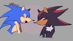 Size: 1129x642 | Tagged: safe, artist:mochibxyy, shadow the hedgehog, sonic the hedgehog, duo, frown, gay, grey background, grey sclera, looking at each other, mouth open, shadow x sonic, shipping, signature, simple background, smile