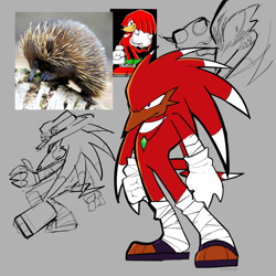 Size: 2048x2048 | Tagged: safe, artist:sodalmao, knuckles the echidna, echidna, anthro, bandage, cheek fluff, frown, grey background, hat, master emerald shard, necklace, paws, redesign, reference inset, simple background, sketch, solo, standing