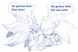 Size: 873x579 | Tagged: safe, artist:urunclesonic, shadow the hedgehog, sonic the hedgehog, blushing, bust, duo, english text, eyes closed, frown, gay, holding hands, kiss on hand, lidded eyes, looking at them, monochrome, one fang, shadow x sonic, shipping, simple background, smile, sweatdrop, thought bubble, top surgery scars, trans male, transgender, white background