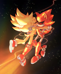 Size: 2048x2489 | Tagged: safe, artist:yellowvixen, metal sonic, sonic the hedgehog, super sonic, fanfic:iron oxide, abstract background, duo, eyes closed, fanfiction art, flying, gay, hugging, metonic, prosthetic, robot, shipping, signature, super form