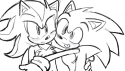 Size: 1556x883 | Tagged: safe, artist:sonicpilled, shadow the hedgehog, sonic the hedgehog, blushing, cute, duo, frown, gay, holding them, line art, looking at viewer, shadow x sonic, shadowbetes, shipping, simple background, smile, sonabetes, standing, tongue out, top surgery scars, trans male, transgender, white background