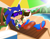Size: 2014x1570 | Tagged: safe, artist:humancartoonart, sonic the hedgehog, abstract background, alternate outfit, beach, beach outfit, coconut, daytime, drink, holding something, outdoors, sandals, smile, sunglasses