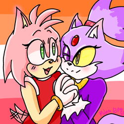 Size: 1280x1280 | Tagged: safe, artist:supers0nicstyle, amy rose, blaze the cat, cat, hedgehog, 2023, amy x blaze, amy's halterneck dress, blaze's tailcoat, blushing, cute, female, females only, holding hands, lesbian, lesbian pride, one eye closed, pride, shipping, tail wagging