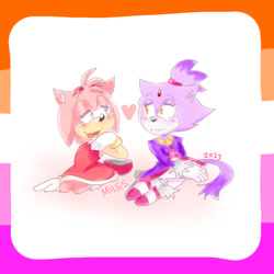 Size: 768x768 | Tagged: safe, artist:supers0nicstyle, amy rose, blaze the cat, cat, hedgehog, 2023, amy x blaze, amy's halterneck dress, blaze's tailcoat, blushing, cute, female, females only, heart, lesbian, lesbian pride, looking at each other, pride, shipping