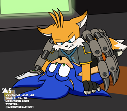 Size: 2000x1750 | Tagged: safe, artist:moontigerange1, miles "tails" prower, nine, sonic the hedgehog, sonic prime, abstract background, blushing, clenched teeth, duo, floppy ears, gay, looking at each other, nine x sonic, pinning them, scene interpretation, shipping, sonic x tails