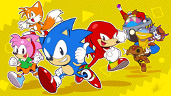 Size: 1920x1080 | Tagged: safe, artist:tyler mcgrath, amy rose, knuckles the echidna, miles "tails" prower, nack the weasel, robotnik, sonic the hedgehog, trip the sungazer, human, sonic superstars, abstract background, chaos emerald, classic amy, classic knuckles, classic robotnik, classic sonic, classic tails, eggmobile, group, holding something, outline, robot, running, smile
