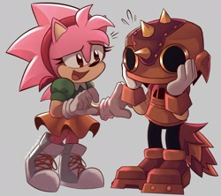 Size: 1727x1531 | Tagged: safe, artist:smilenetwork, amy rose, trip the sungazer, sonic superstars, classic amy, duo, grey background, looking at them, mouth open, simple background, smile, standing