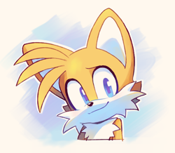 Size: 1276x1114 | Tagged: safe, artist:killukitsune, miles "tails" prower, abstract background, bust, looking offscreen, outline, smile, solo