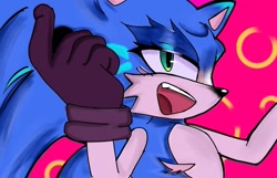Size: 823x530 | Tagged: safe, artist:sonicdrawsfast, sonic the hedgehog, abstract background, black gloves, eyelashes, lidded eyes, looking at viewer, mouth open, redraw, smile, solo, top surgery scars, trans male, transgender
