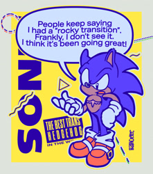 Size: 2048x2316 | Tagged: safe, artist:pastacrylic, sonic the hedgehog, abstract background, character name, dialogue, english text, mouth open, outline, signature, solo, speech bubble, standing, top surgery scars, trans male, transgender