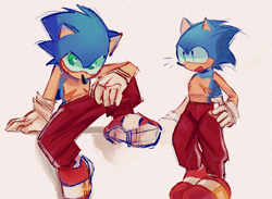 Size: 1500x1100 | Tagged: safe, artist:deadsh33p, sonic the hedgehog, mouth open, pants, simple background, sitting, smile, solo, standing, top surgery scars, trans male, transgender