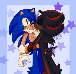 Size: 1655x1613 | Tagged: safe, artist:fig-fog, shadow the hedgehog, sonic the hedgehog, abstract background, blushing, border, chest fluff, duo, ear fluff, eyes closed, gay, holding them, kiss on cheek, one eye closed, shadow x sonic, shipping, signature, standing, star (symbol), trans male, transgender, wagging tail
