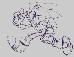 Size: 2048x1582 | Tagged: safe, artist:chibi-0004, sonic the hedgehog, bandana, grey background, line art, looking at viewer, running, simple background, sketch, smile, solo, top surgery scars, trans male, transgender, v sign