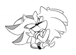 Size: 1458x1059 | Tagged: safe, artist:antosnap_, shadow the hedgehog, sonic the hedgehog, 2023, duo, eyes closed, gay, holding each other, kiss, shadow x sonic, shipping, simple background, white background