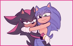 Size: 1737x1110 | Tagged: safe, artist:antosnap_, shadow the hedgehog, sonic the hedgehog, 2023, border, duo, frown, gay, grey background, holding each other, lidded eyes, looking at viewer, shadow x sonic, shipping, signature, simple background, sitting, sitting on lap, smile